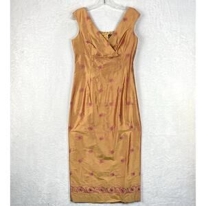 Finity Dress Womens 6 Orange Pink Midi Silk Embroidered Empire Waist Summer Y2K